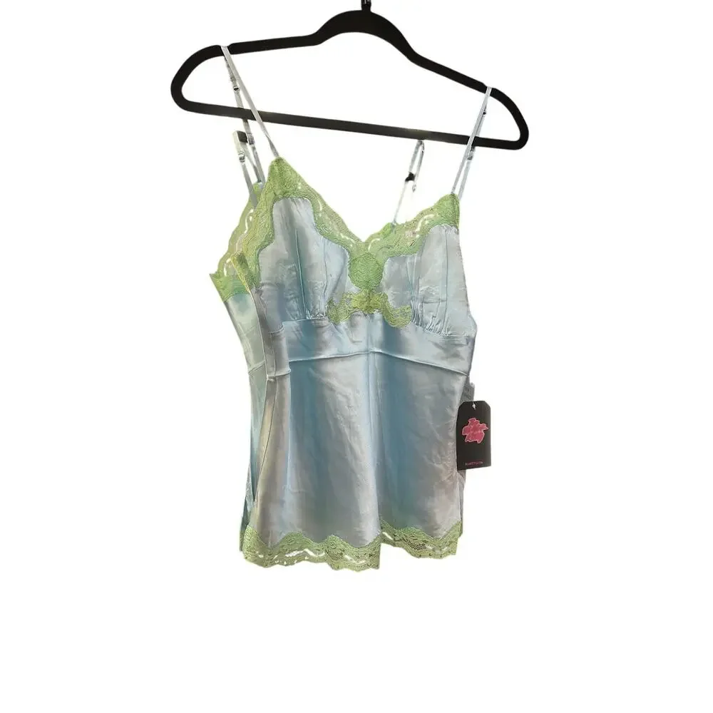 $180 Gold Hawk Blue 100% Silk Cami Green Lace Tank M - Picture 4 of 4